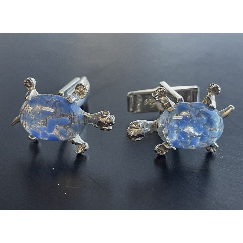 Vintage Judy Lee Cuff Links Blue Glass Domes Turtles Tortoise Silver Tone
